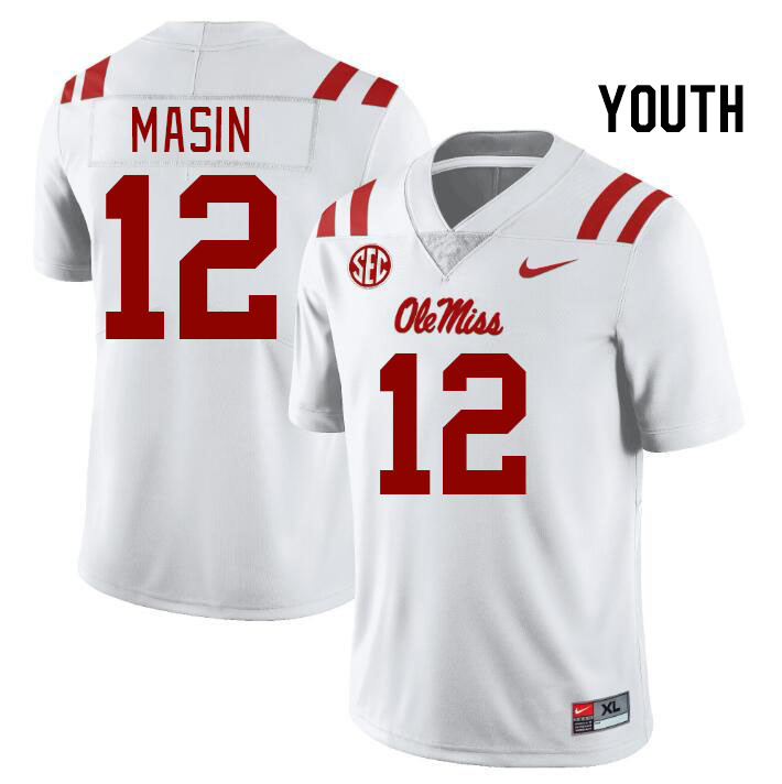 Youth #12 Fraser Masin Ole Miss Rebels College Football Jerseys Stitched Sale-White - Click Image to Close